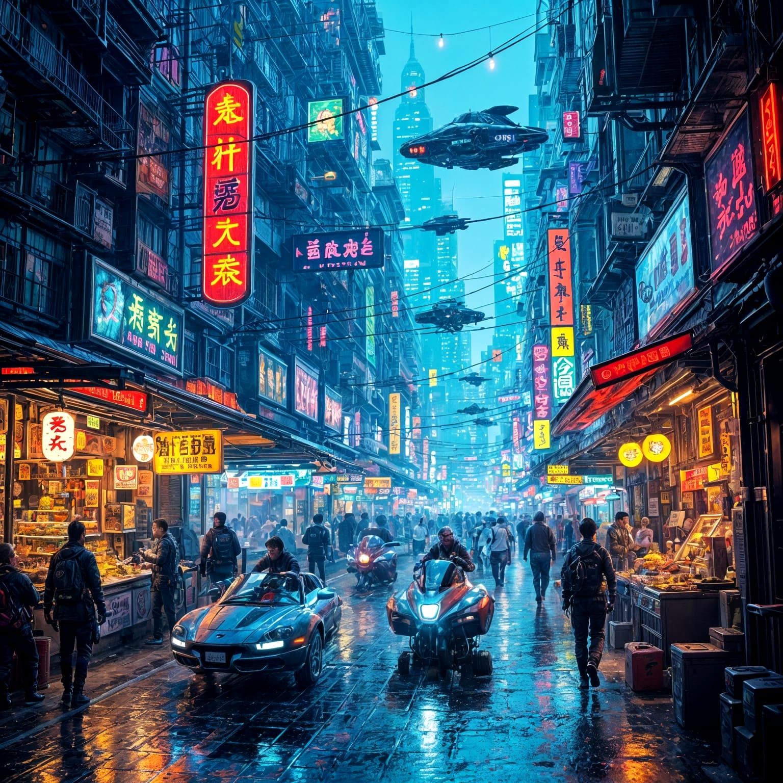 Cyberpunk Marketplace with Hovering Vehicles