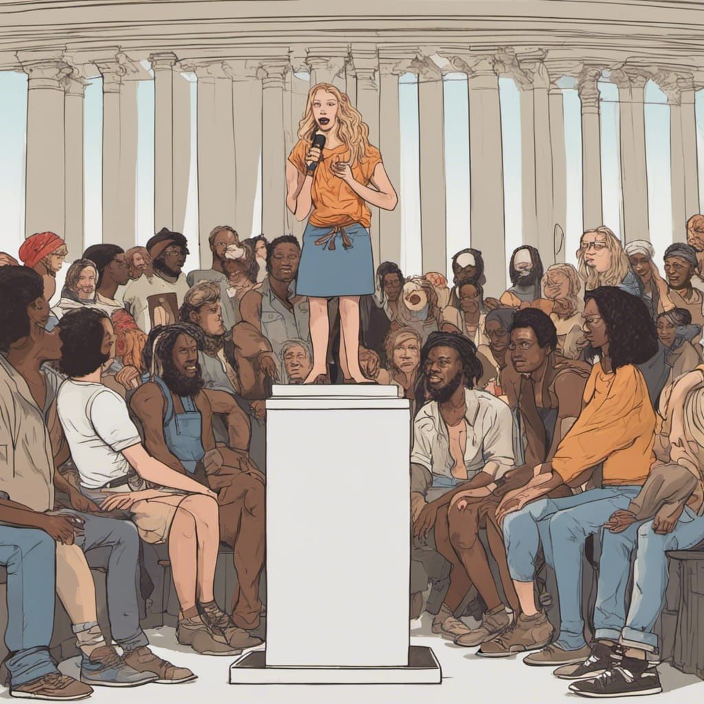 Controversial Social Commentary Art: Woman Lecturing a Group