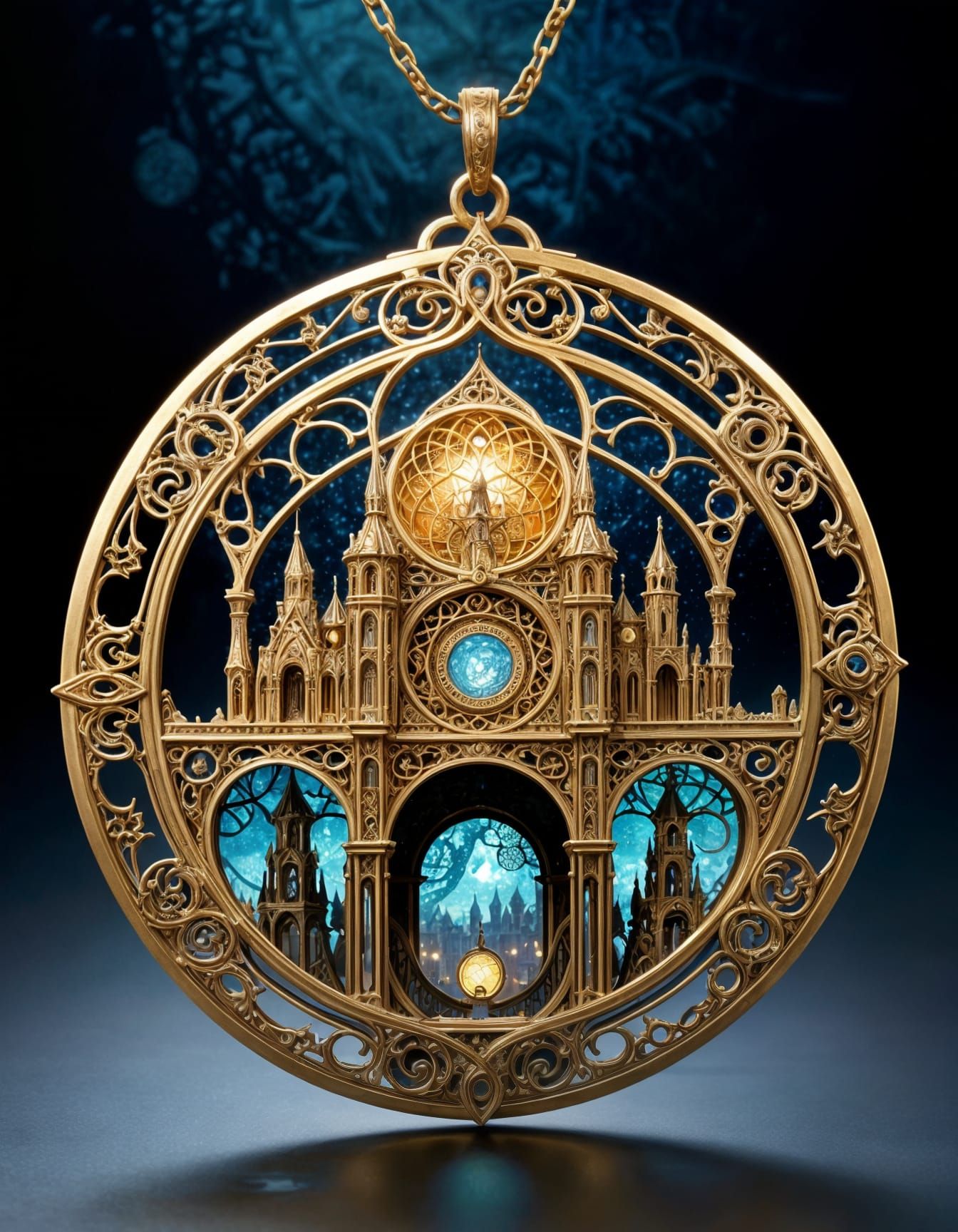 Elven Architecture Kaleidoscope in Golden Pendant, Fantasy A...