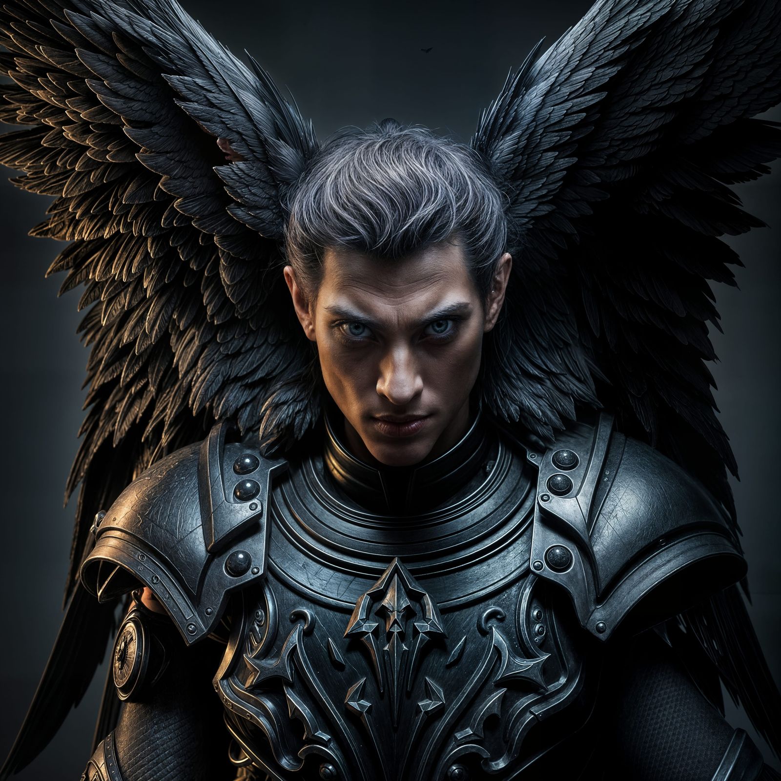Dark Angel With Dark Wings Looks Sternly