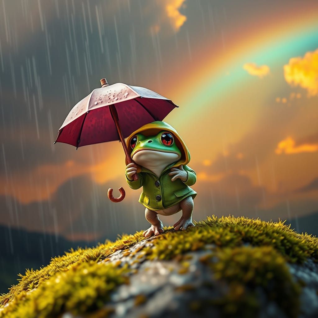 Baby Frog Admires Rainbow in Sunset with Umbrella