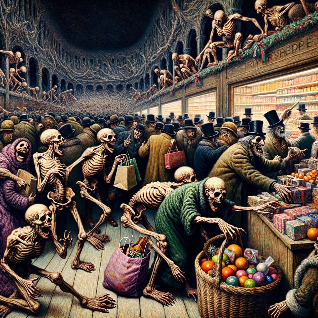Surreal Zombie Chaos: Undead Grab Gifts in Holiday Supermark...