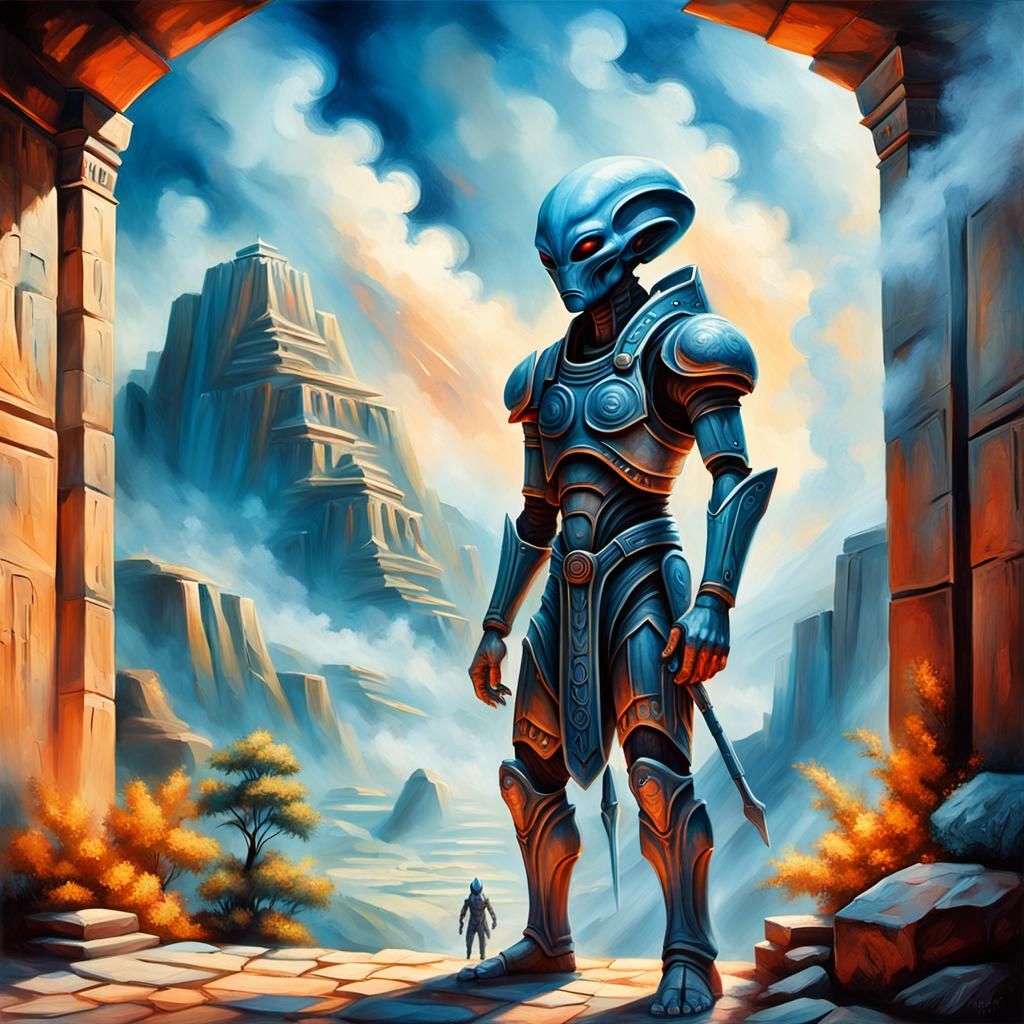 Hyperrealistic Alien Warrior in Dimly Lit Temple