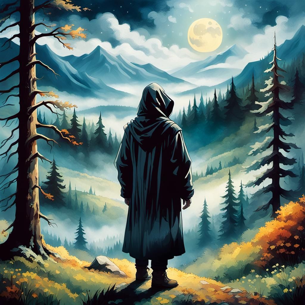 Mysterious Hooded Figure in Misty Forest