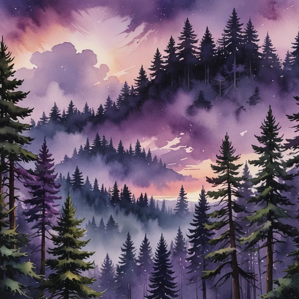 Purple Sky Over Pine Trees in Watercolor Style