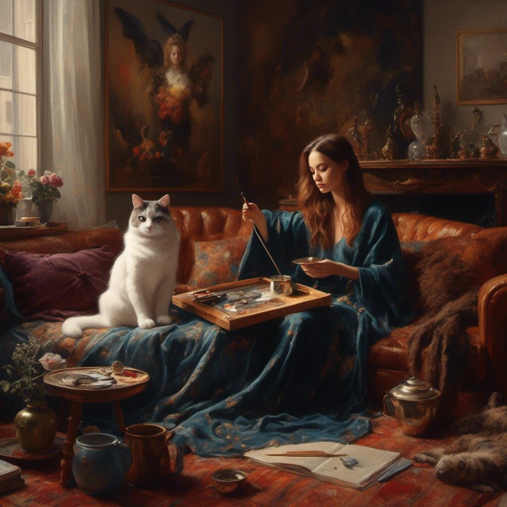 Lady Painting with Cat in Kyoot Style