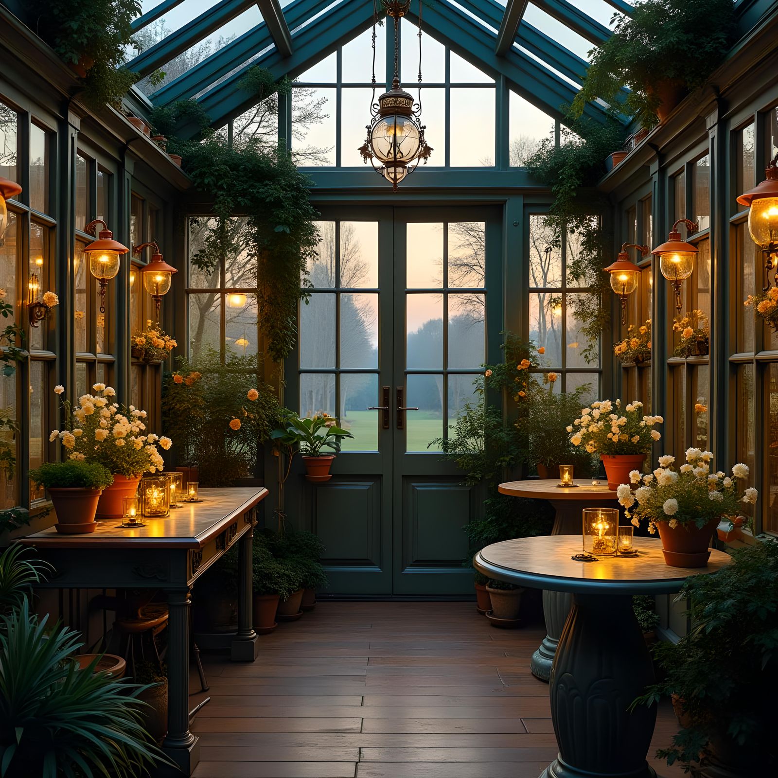 Victorian Greenhouse Interior at Dusk with Warm Illumination