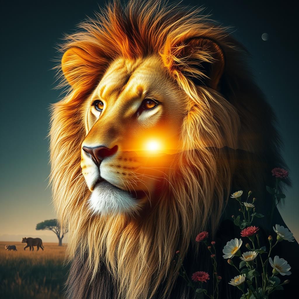 Majestic Lion Double Exposure: Photorealistic Digital Art