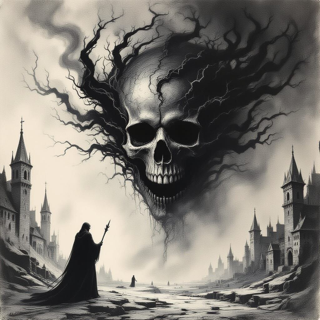 Gothic Black Ink Scene in Haunting Sketch Style