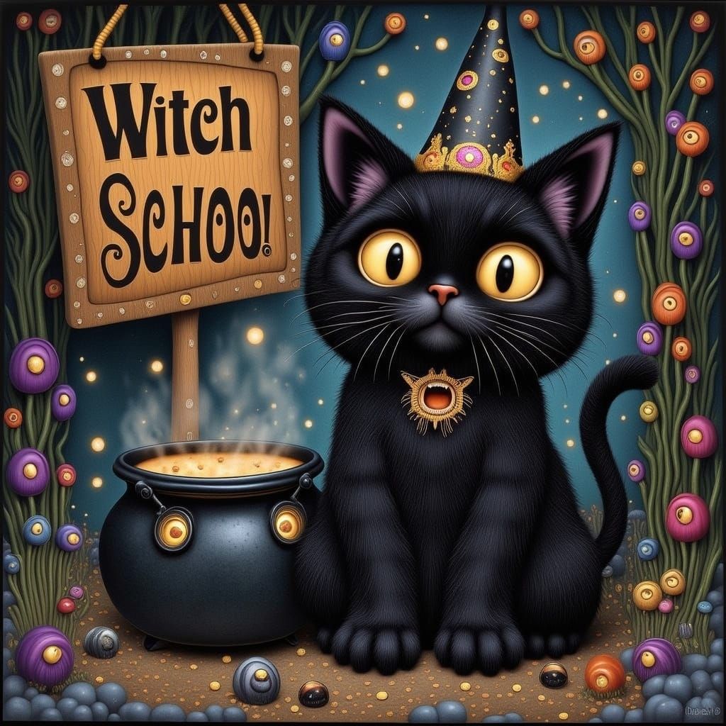 Whimsical Witch School Scene in Vibrant Cartoon Style