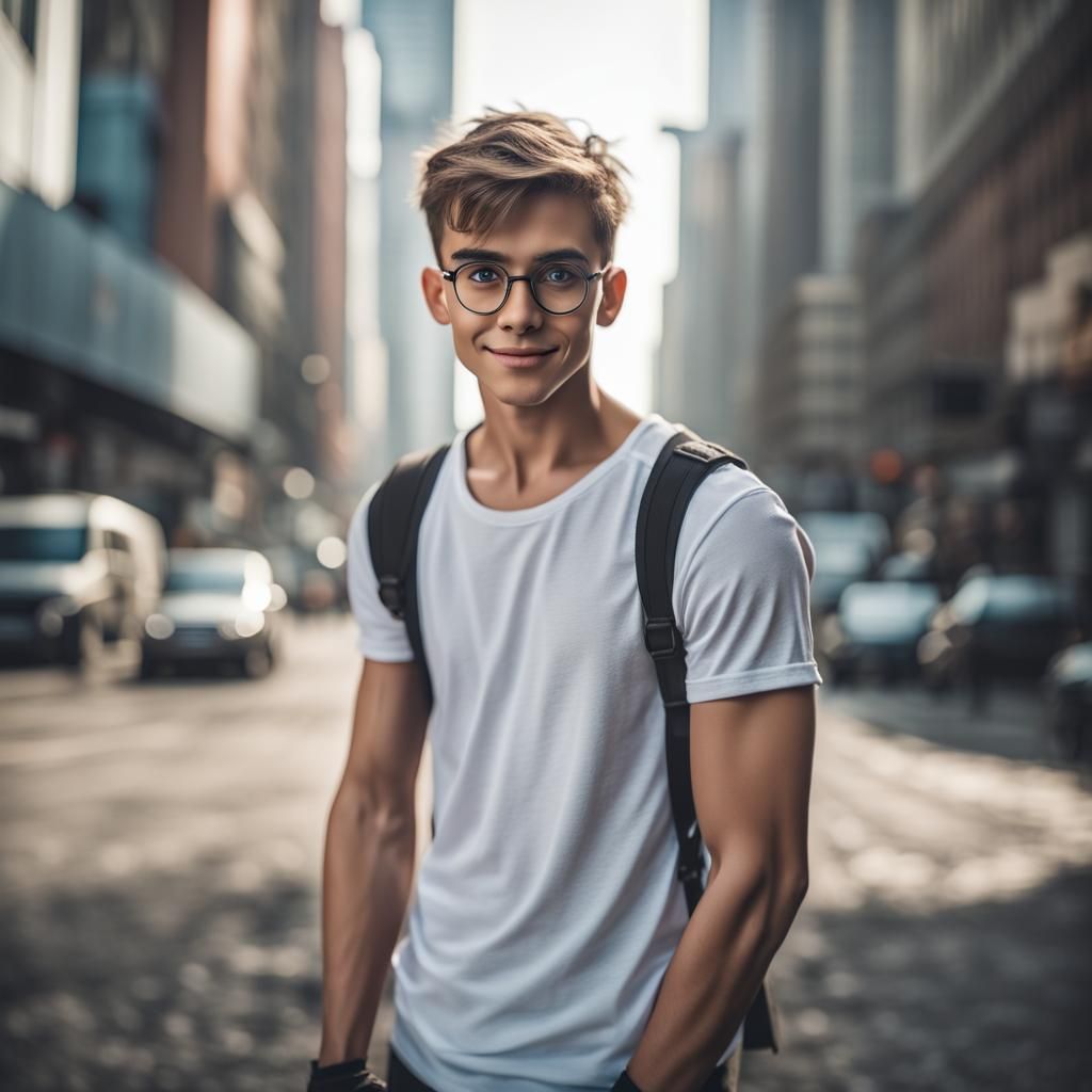 beautiful muscular twink boy, stunning eyesight, wearing T-s...