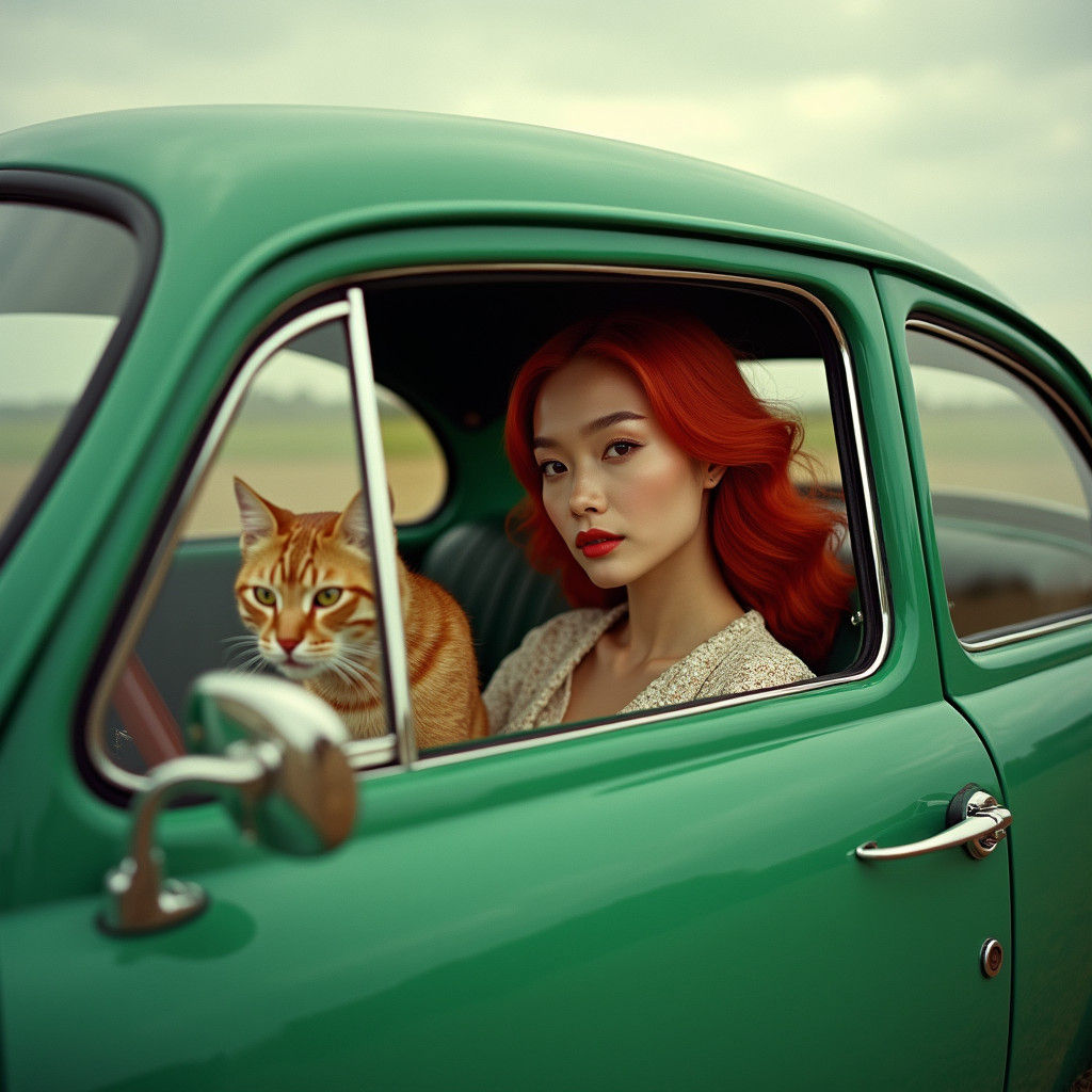Woman with Cat in Car, Photorealistic Americana Photo