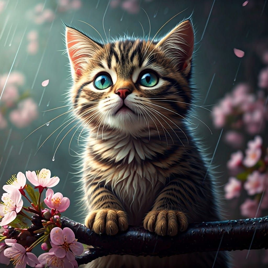Fantasycore Kitten in Blossoming Cherry Tree