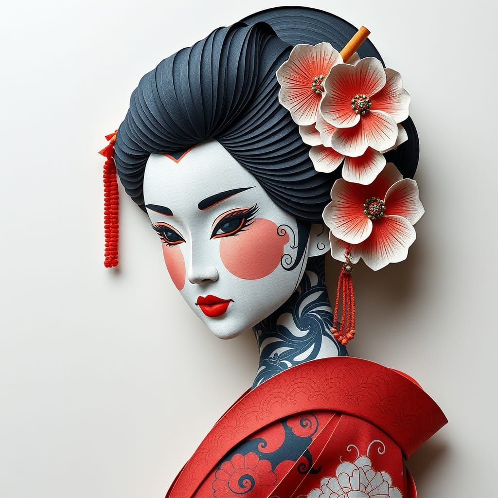 Origami Geisha Portrait in Papercraft Style