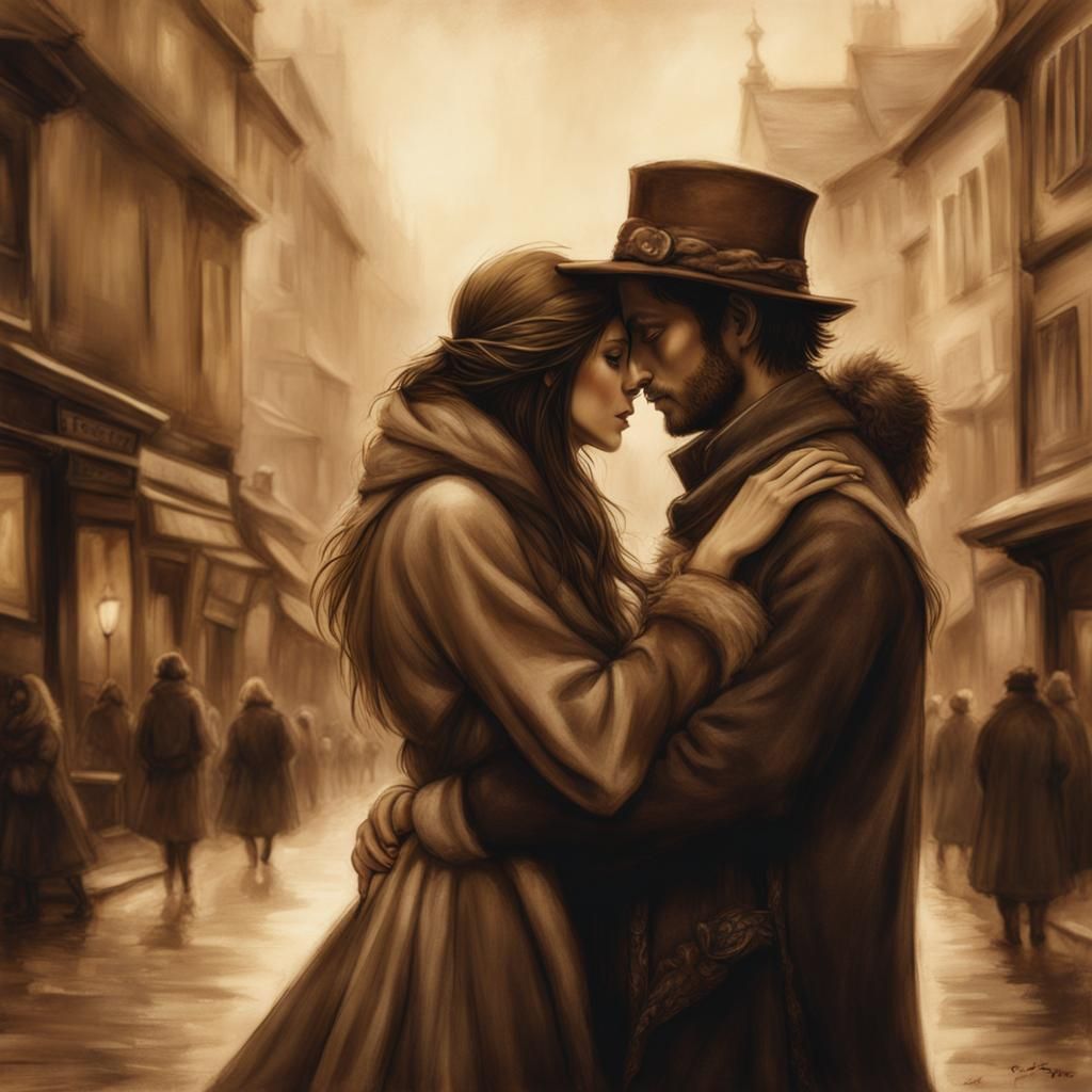 Passionate Couple Embracing: Hyperdetailed Sepia Concept Art