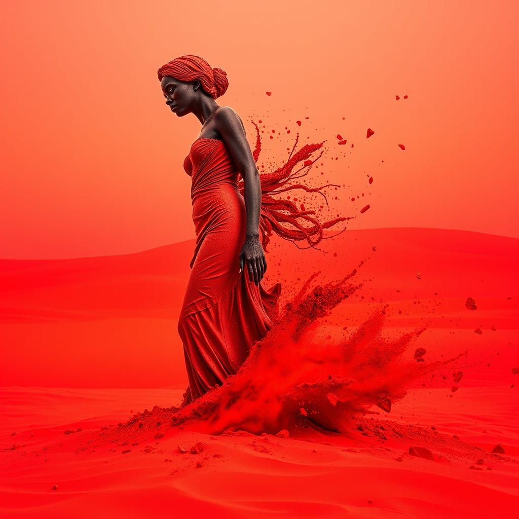 Sculpture of Black Woman Blown Apart in Vibrant Desert Lands...