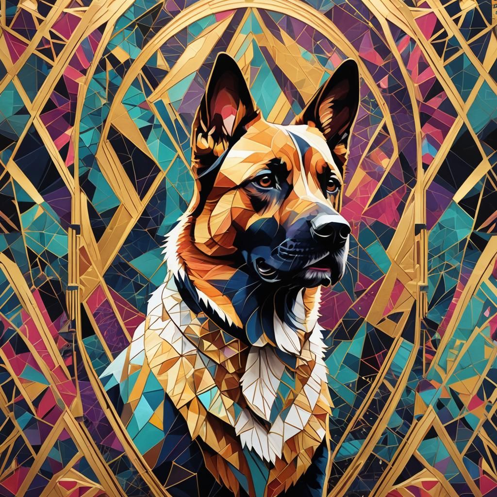 Geometric Canine Portrait with Gold Leaf Accents