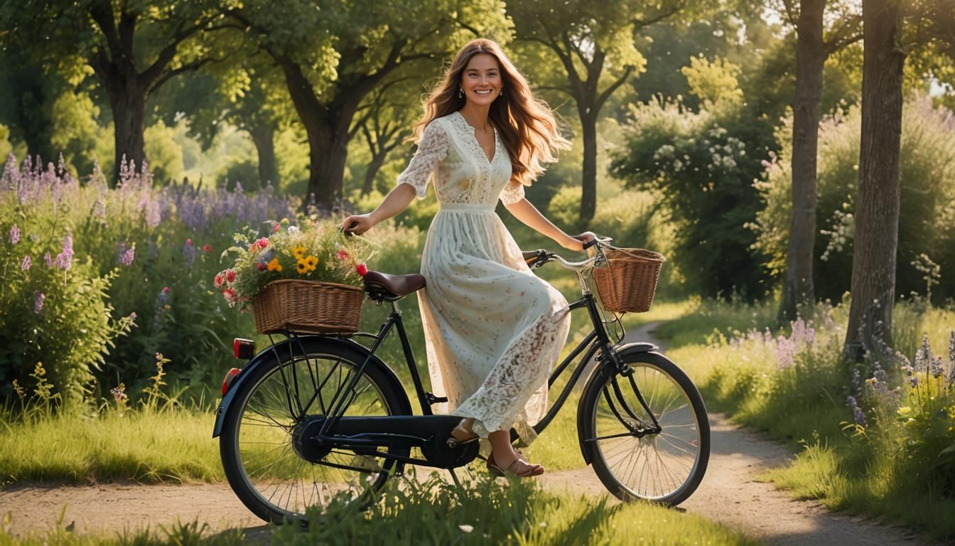 Woman on Bicycle in Sun-Dappled Countryside, Watercolor Styl...