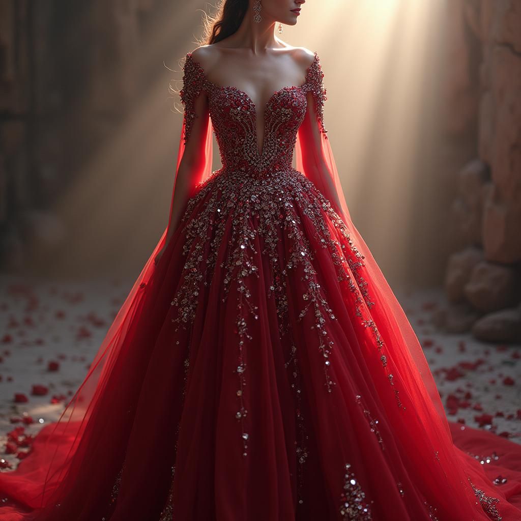 Luxurious Diamond and Ruby Evening Gown, Digital Art