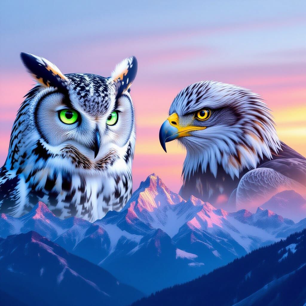 Majestic Owl & Eagle Double Exposure Over Mountain Sunrise