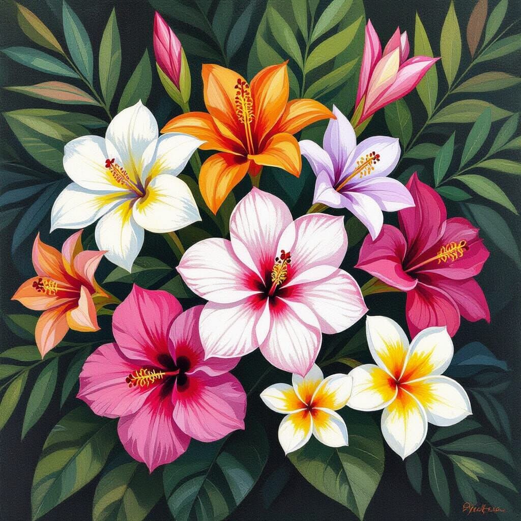 Vibrant Exotic Flowers: Orchids, Hibiscus, Plumeria Arrangem...