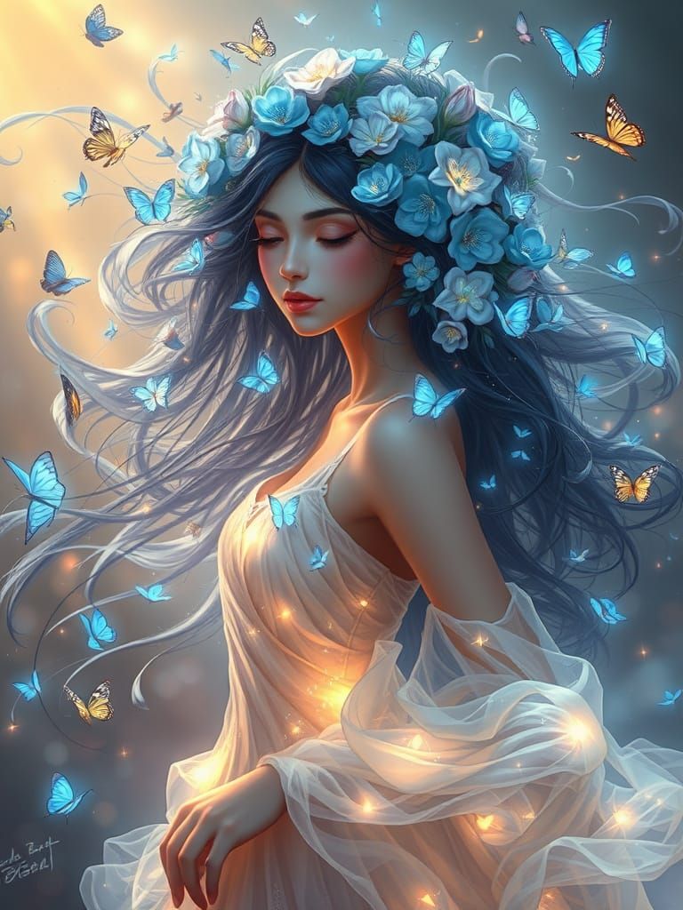 Ethereal Woman with Glowing Flowers Digital Painting