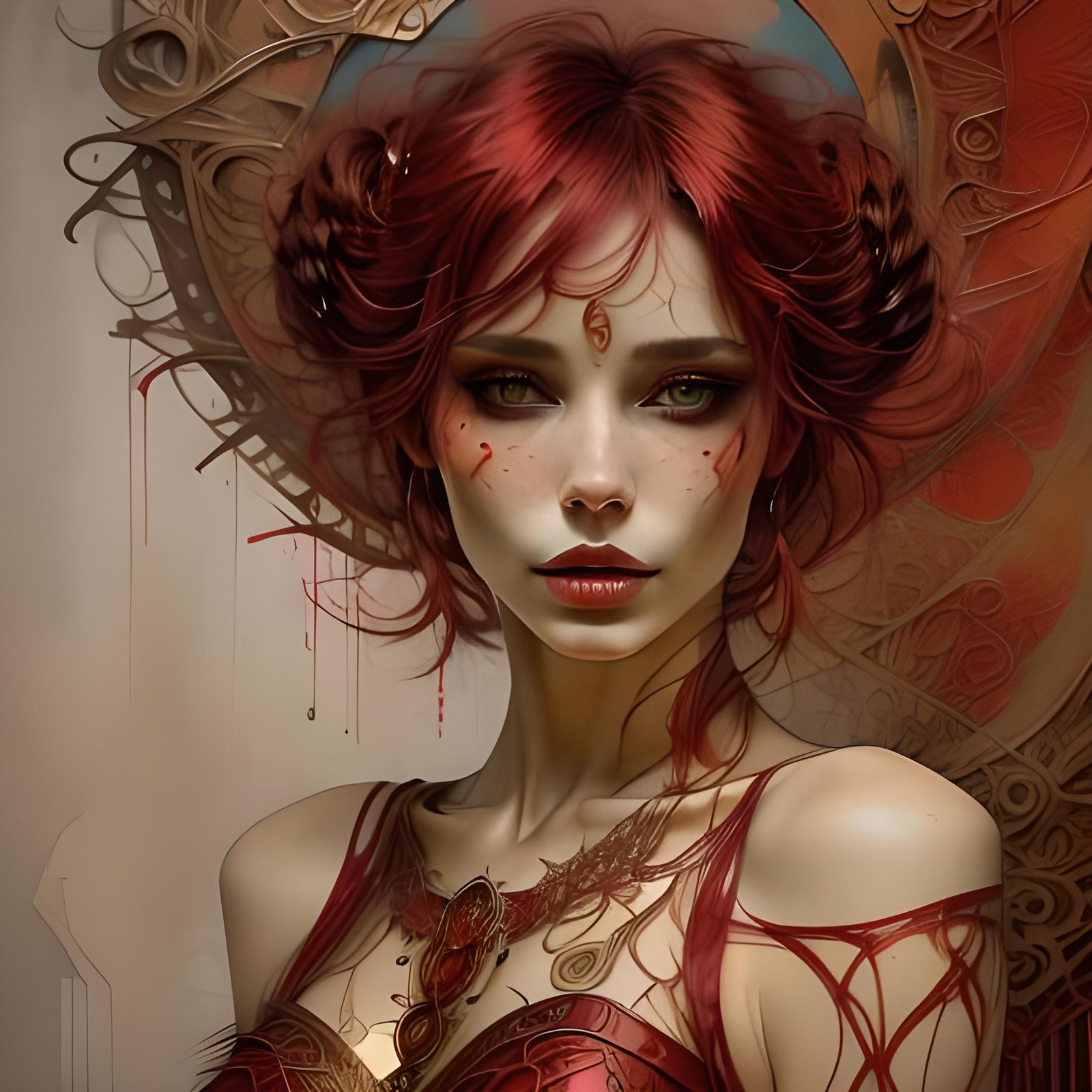 Red-Hued Woman in Opulent Hall, in Vibrant Style