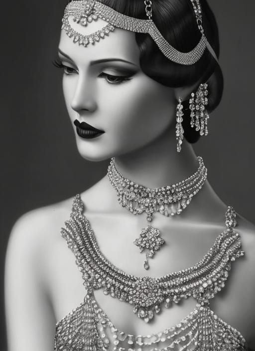 Silver Goddess in Flapper Dress, Hyperrealistic Art