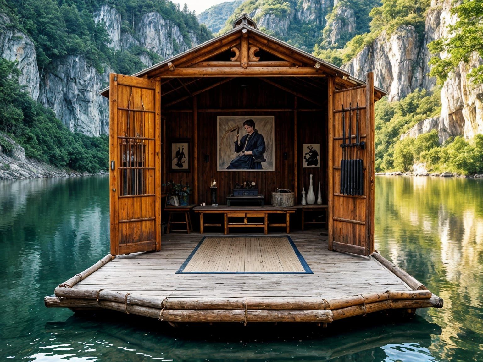 Floating Bamboo Martial Arts Studio on Serene Lake