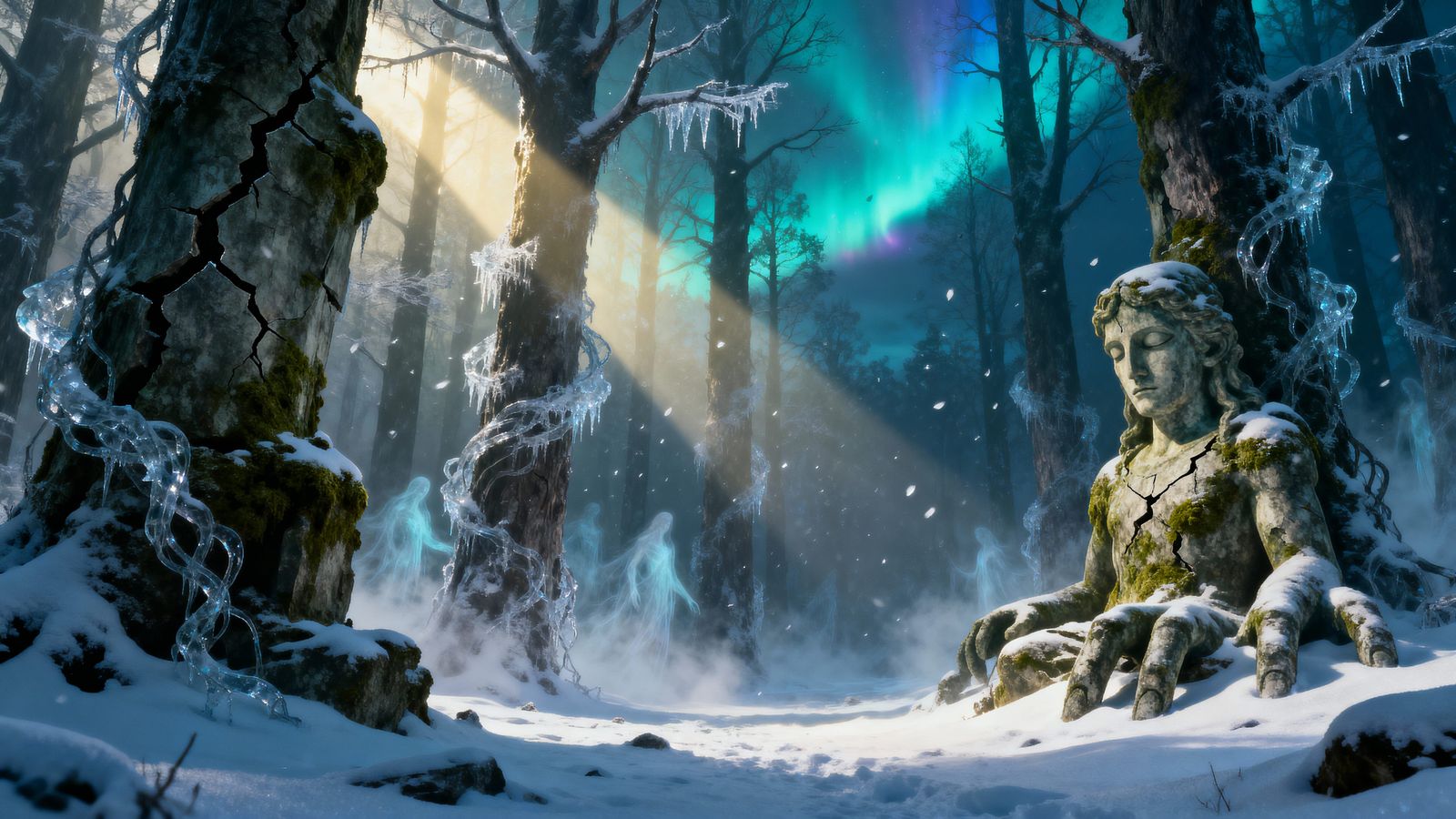 Ancient Gods in Snow Forest Twilight, Surreal Dark Fantasy