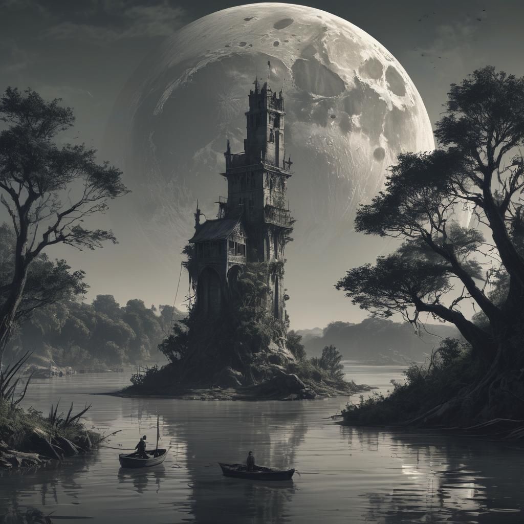 Abandoned Sorcerer's Tower Under a Full Moonlit Sky