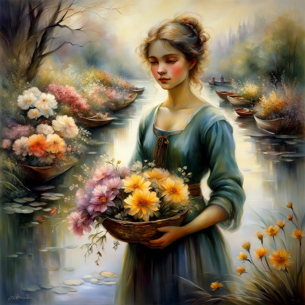 Floral Riverbank Scene in Vibrant Oil Paintings