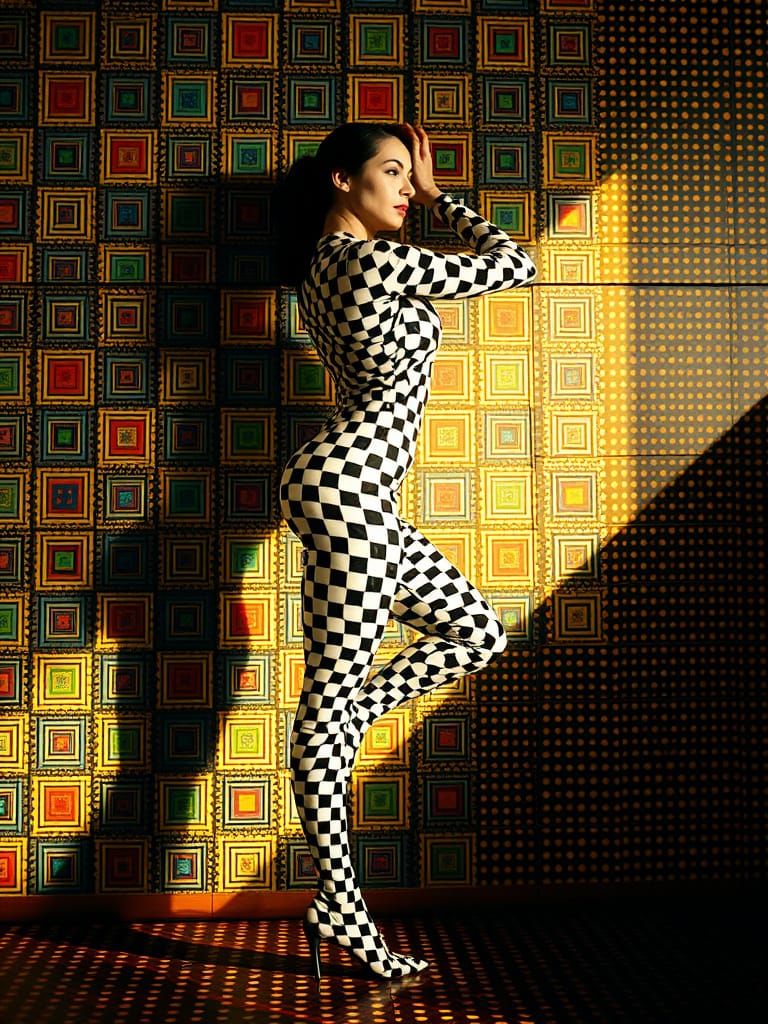 Elegant Geometric Harlequin Embodiment in Vibrant Dusk Light