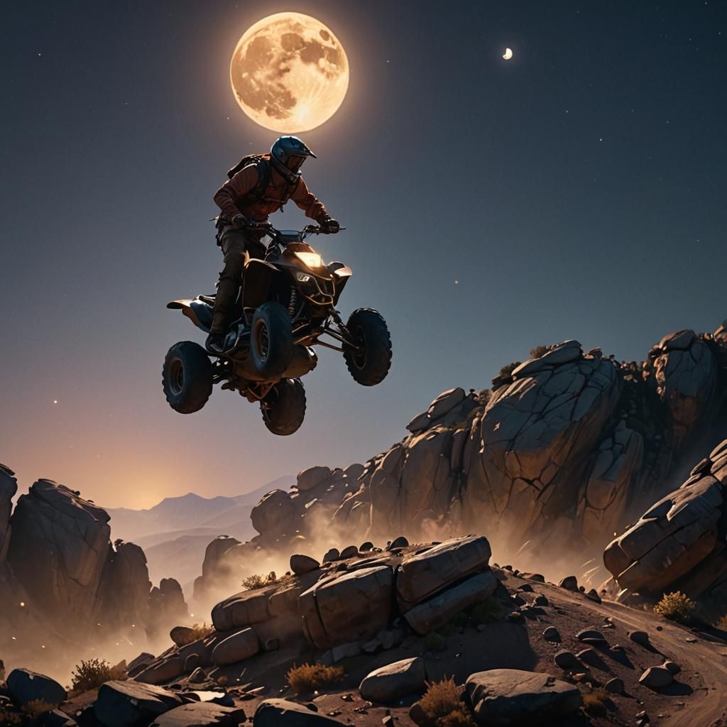 Quad Bike Pilot Stunt Under Moonlight, Matte Painting