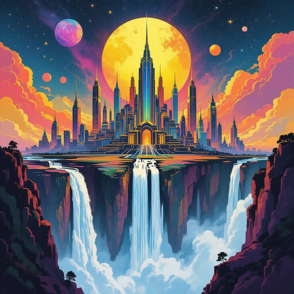 Ethereal Cityscape with Waterfall in Psychedelic Illustratio...