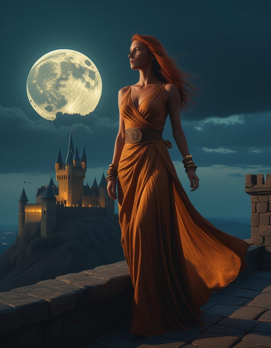 Elegant Woman on Castle Battlements Under a Pale Moon