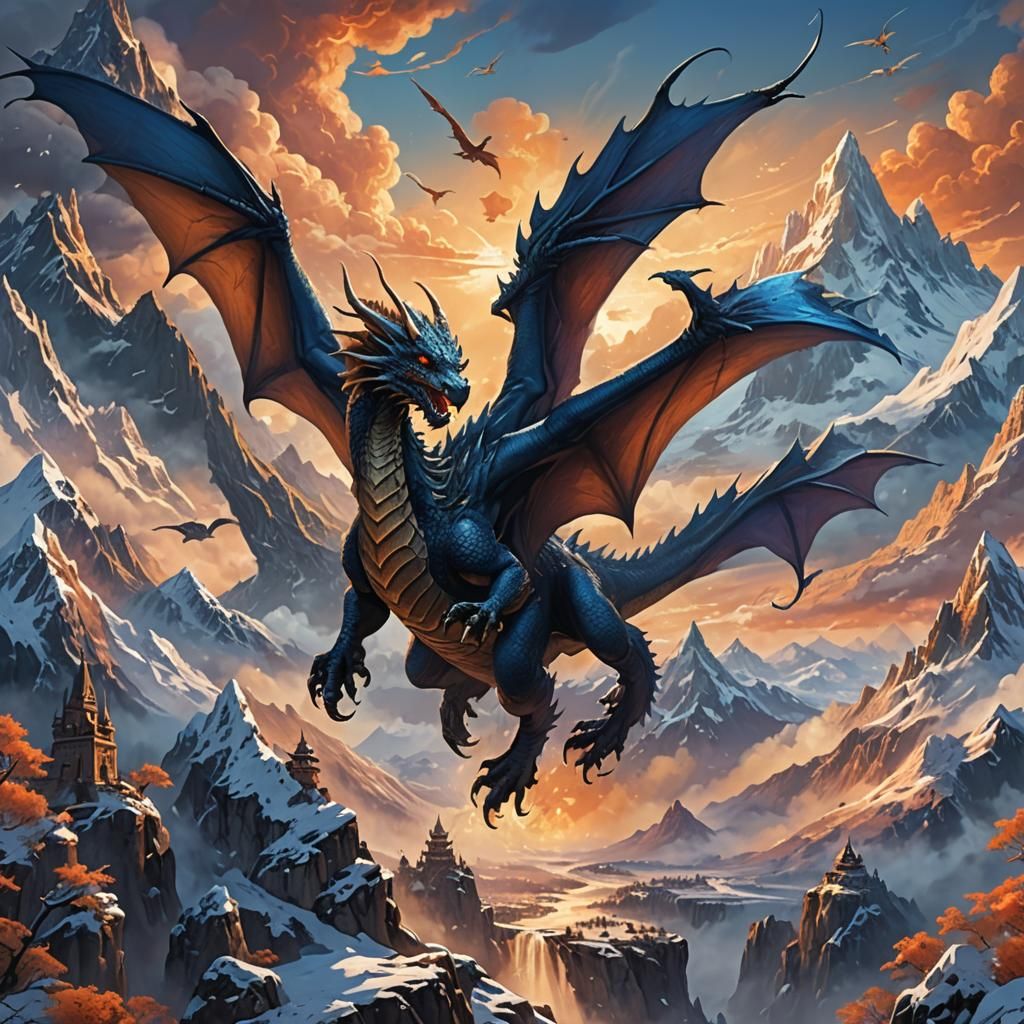 Majestic Dragon Soaring Above Snowy Peaks