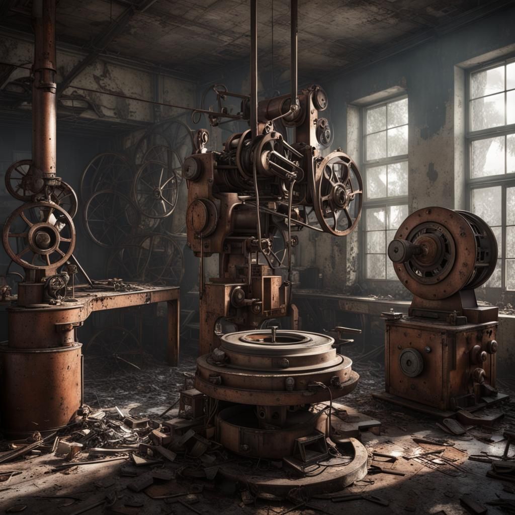 Eerie Abandoned Room with Rusty Machines