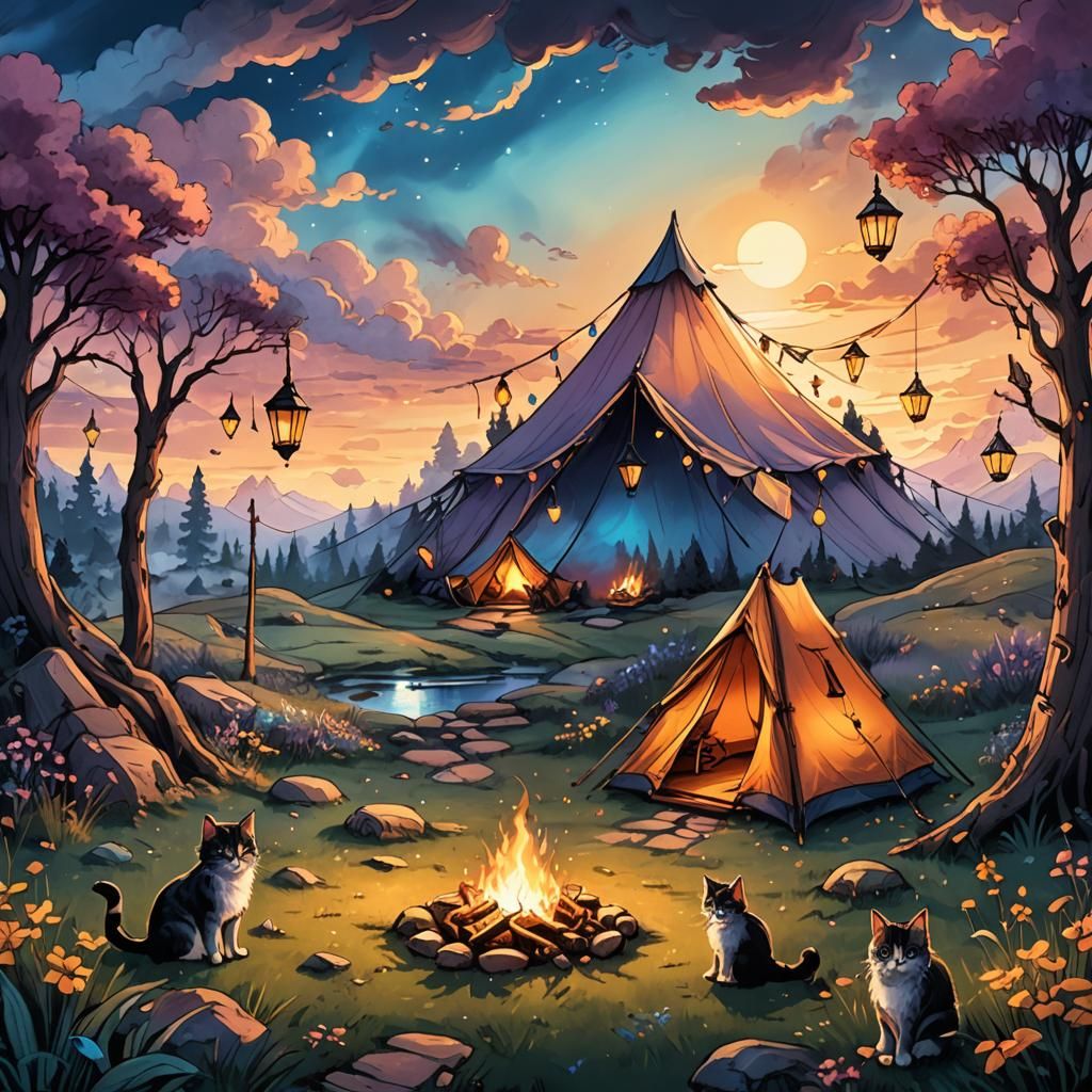 Magical Tent Landscape in Ink Sketch Style