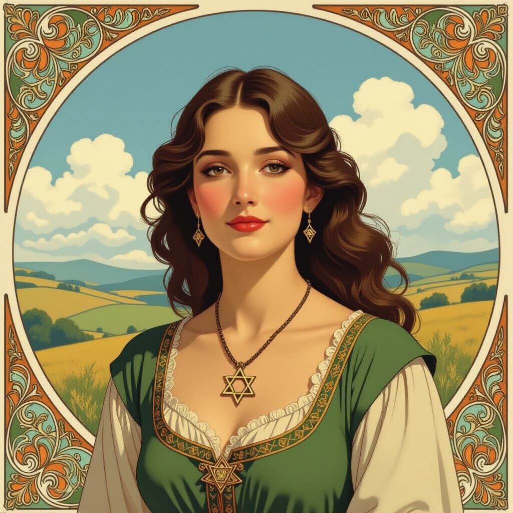 Woman with Star of David in Art Nouveau Landscape
