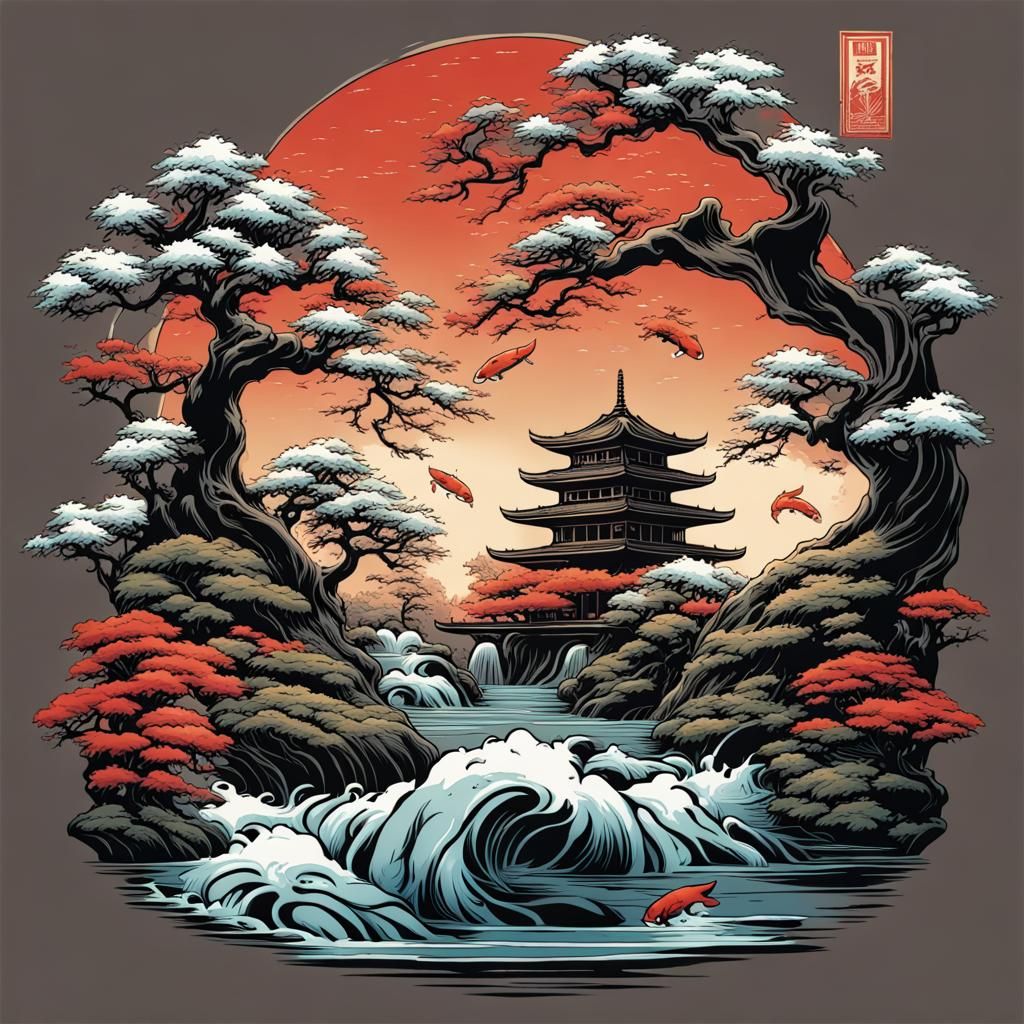 Koi Bonsai T-Shirt Design in Comic Book Art