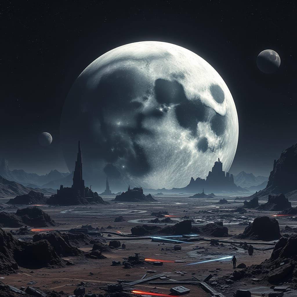 Surreal Barren Moon with Metallic Sheen in Dark, Gritty Styl...