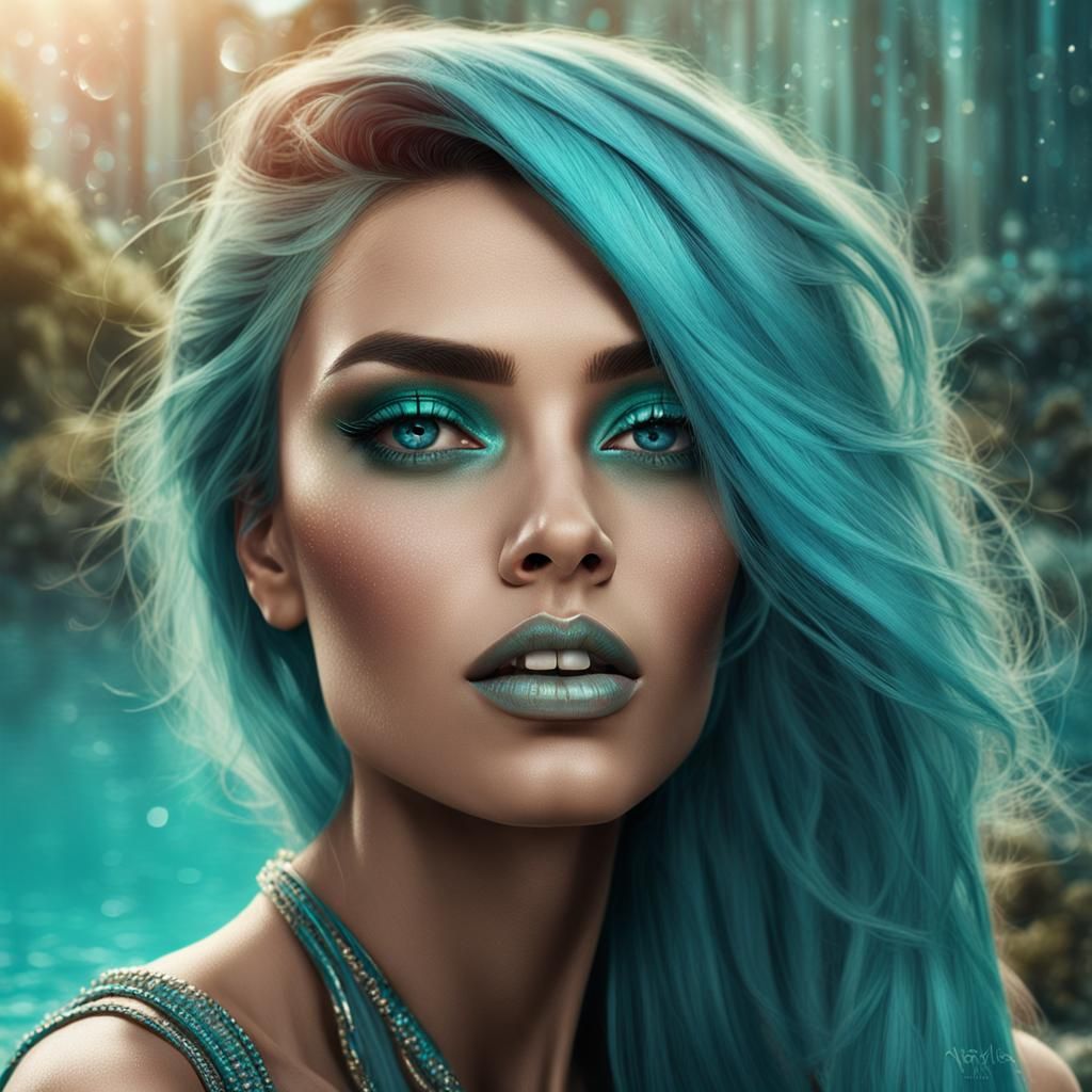 Photorealistic Portrait of Woman with Aqua Hair