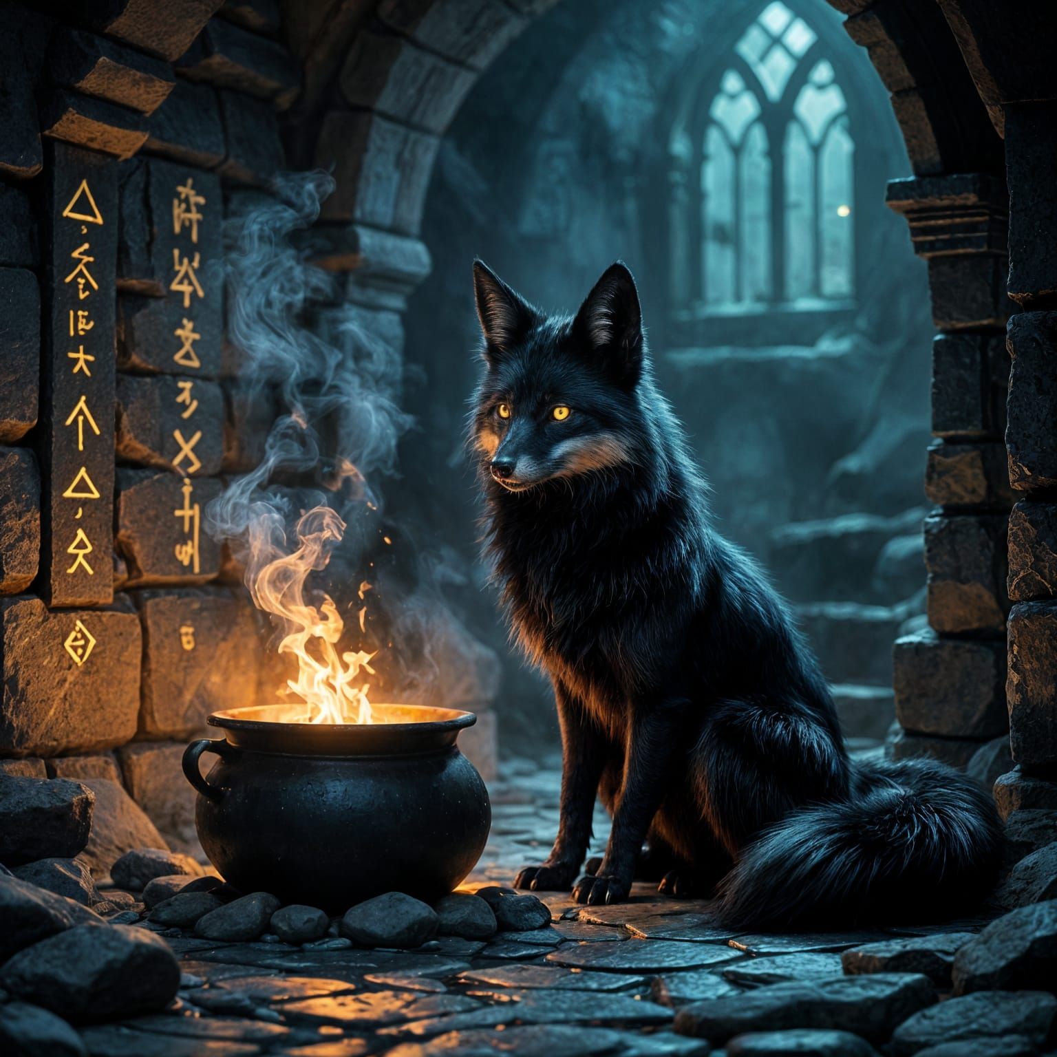 Mysterious Black Fox Familiar Beside Witch's Cauldron