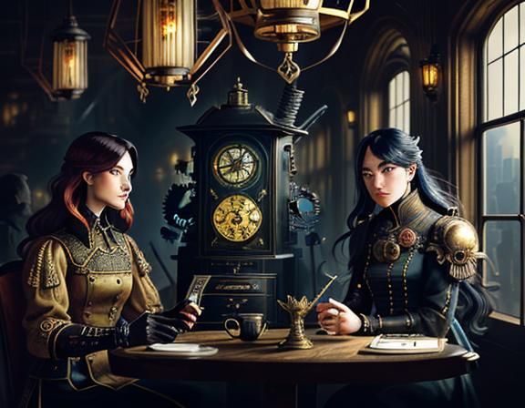 Steampunk Women Inside Time Machine: Cinematic Digital Art