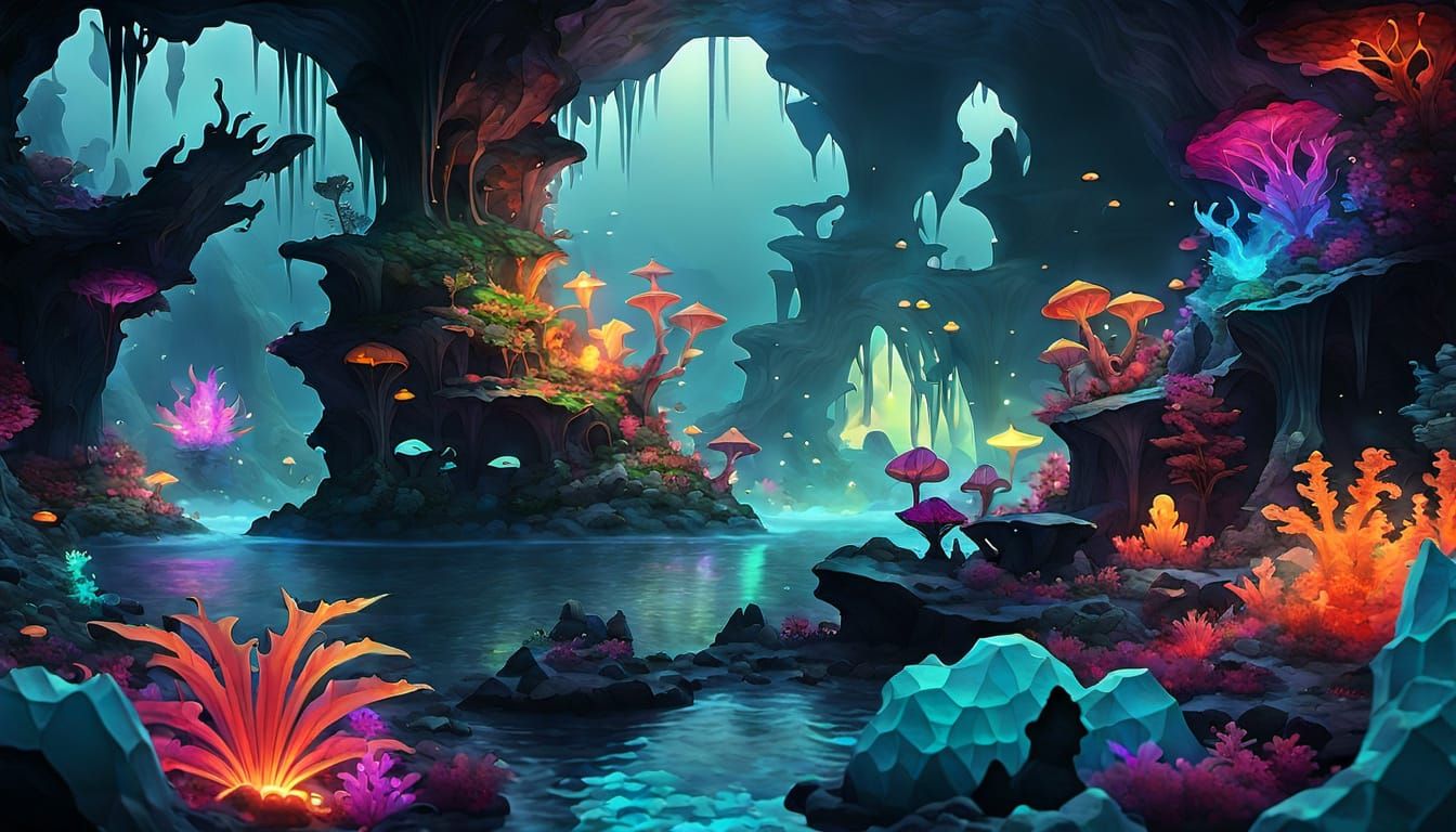 Mysterious Surreal Cavern with Glowing Entities