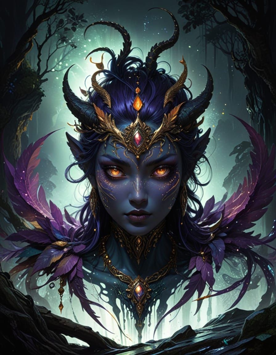 Gentle Fantasy Hybrid Goddess in Golden Pointillism