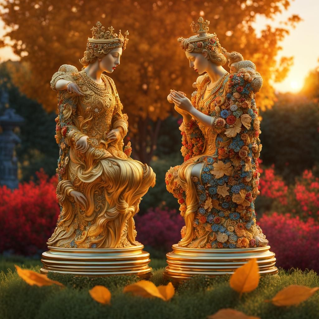 Chess Pieces Reimagined as Klimt's Kiss in 3D