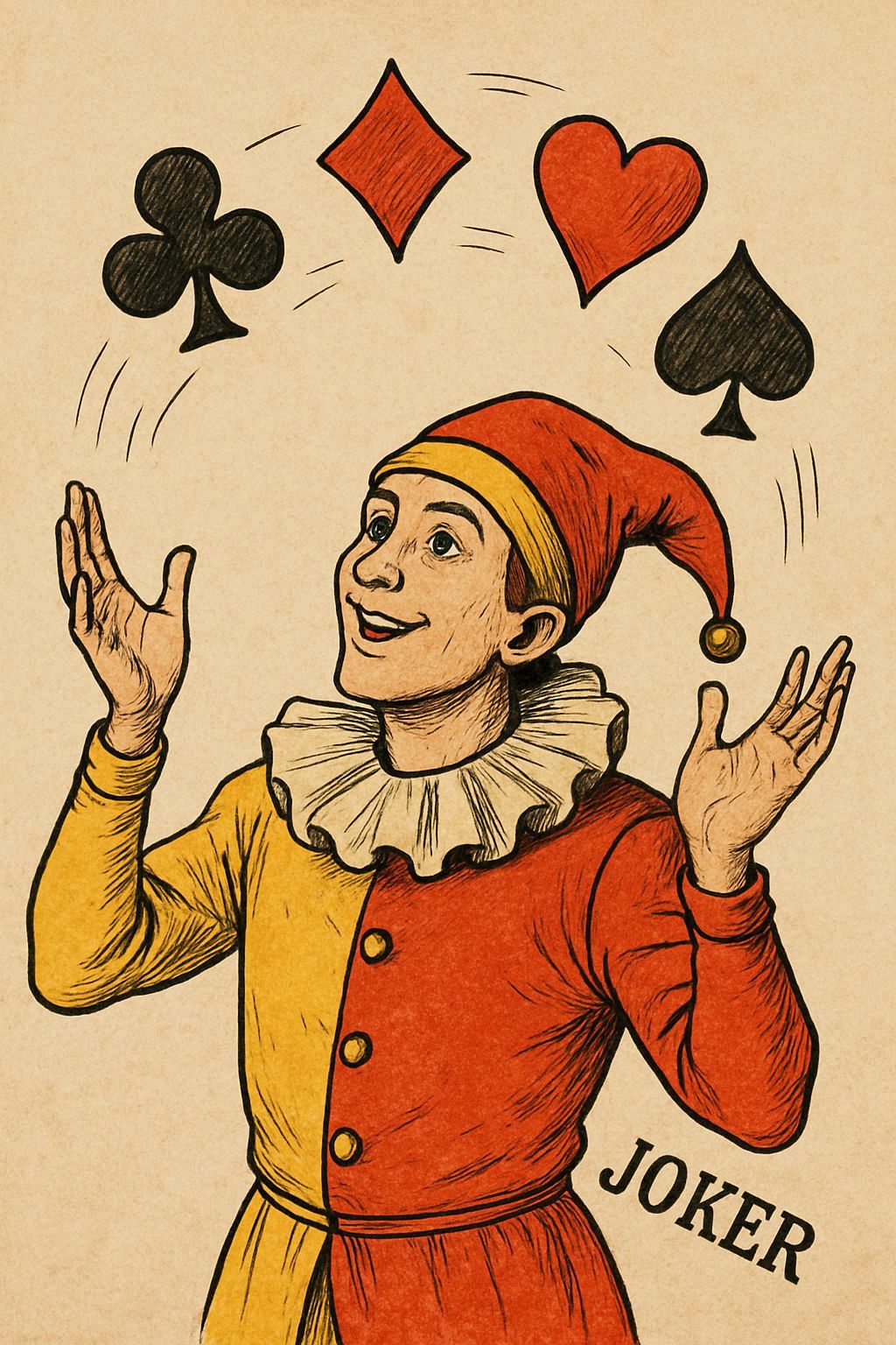 Juggler Tosses Playing Card Suits and Joker