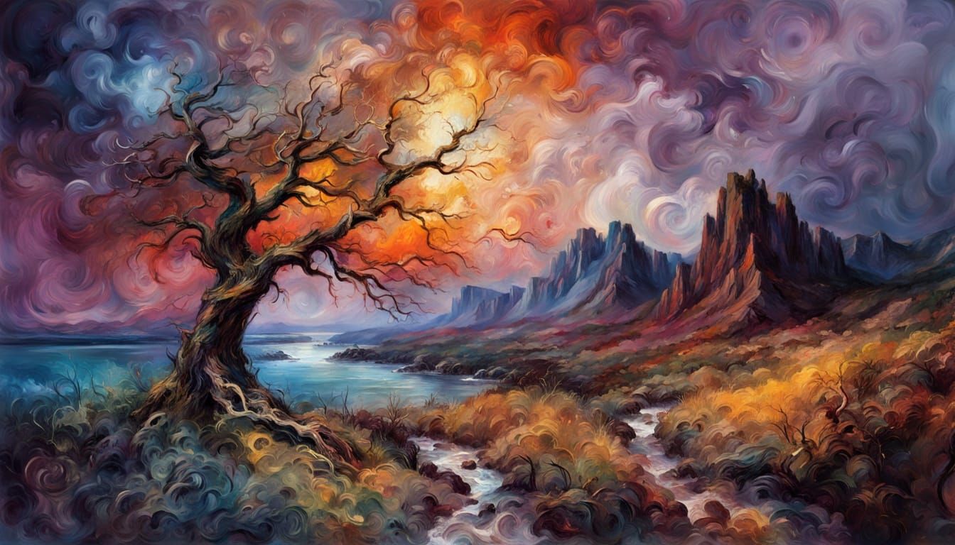 Majestic Cliffside View of Glowing Alcohol Ink Lake at Sunse...